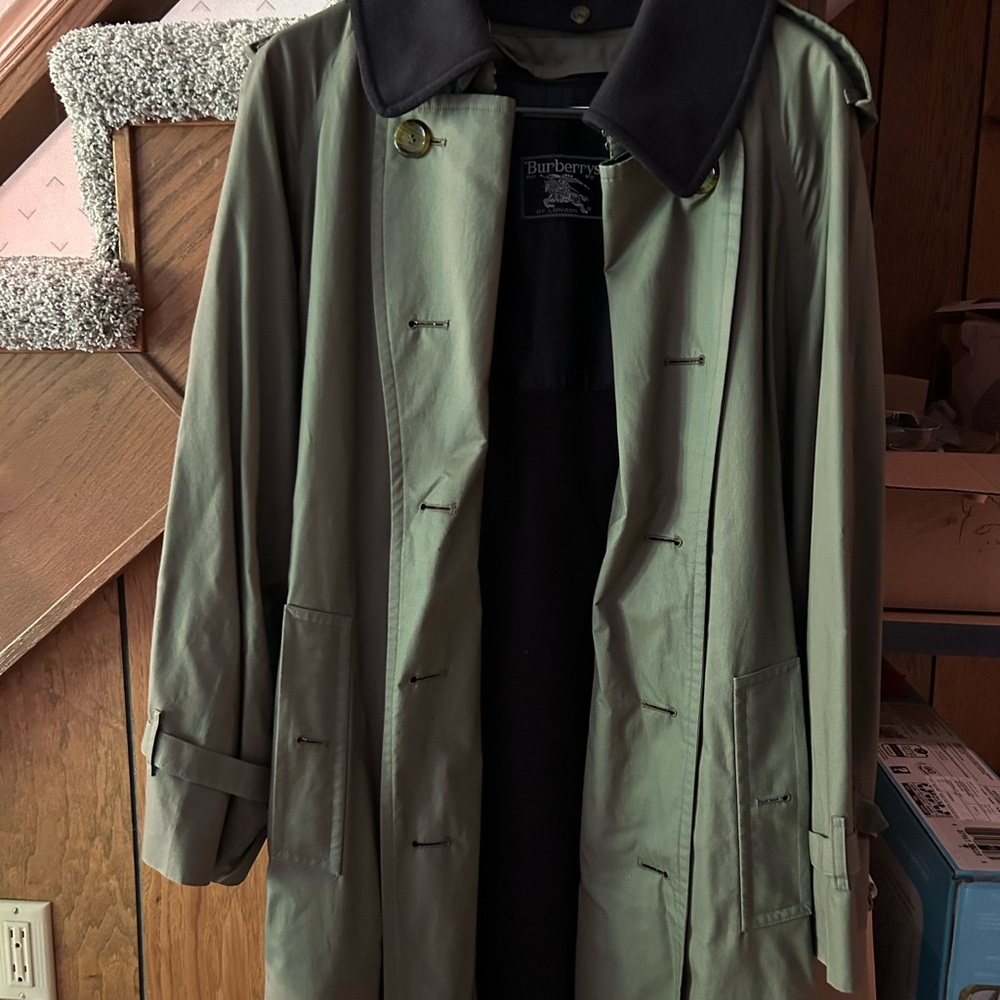 Burberry Green Trench Coat with Black Collar